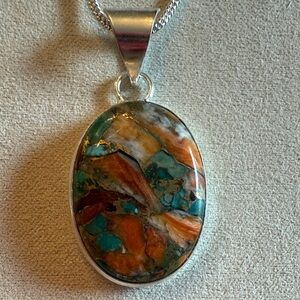 Copper Spiny Oyster Turquoise Silver Pendant Necklace
